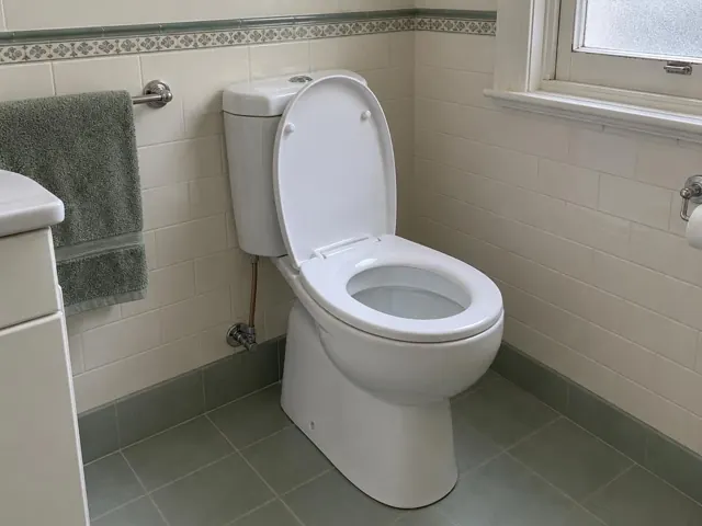 Clean white toilet in a tiled bathroom with towel rail and window in Beecroft