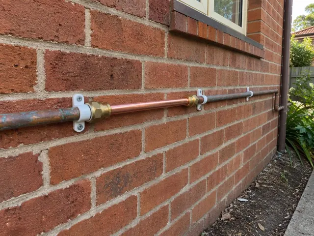 Repaired copper water pipe on a brick exterior wall with clamps in Epping