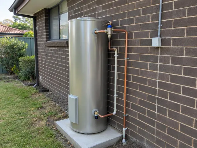 Outdoor hot water system on a concrete pad beside a brick house wall in Carlingford